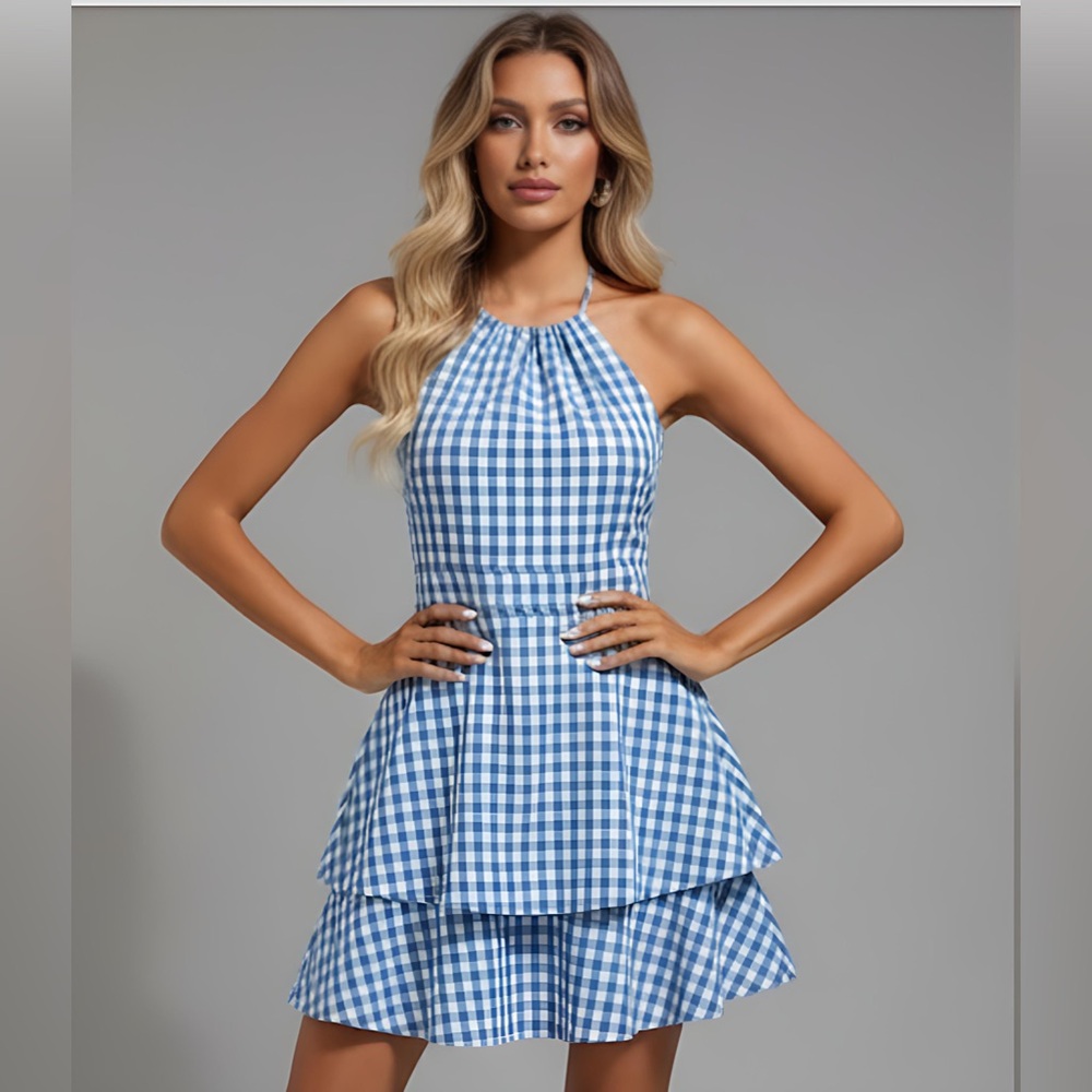 LAST ONE 🔥 Gingham Print Tie Backless Halter Neck Ruffle Hem Dress